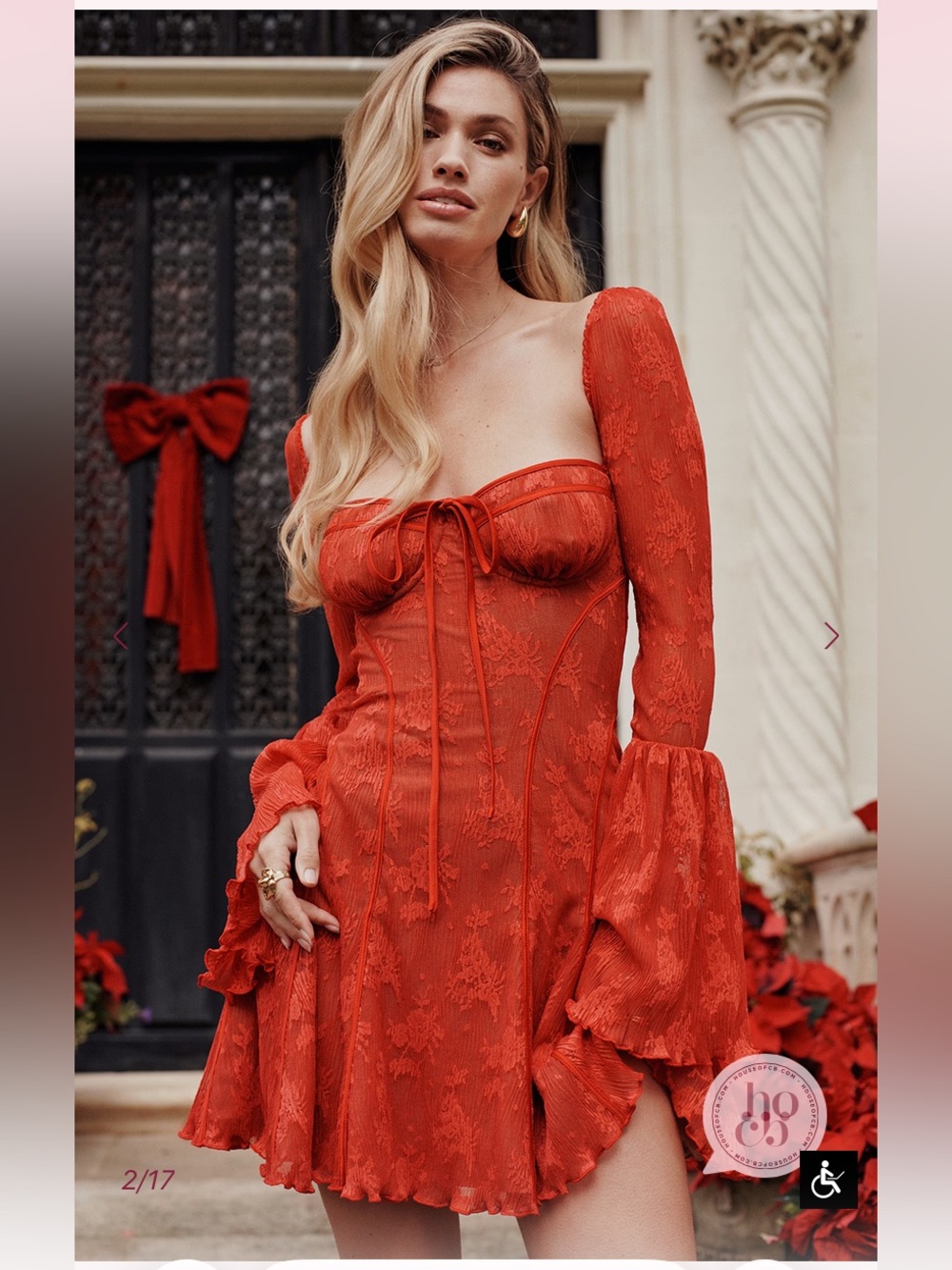 House of CB Red Lace Long Bell Sleeve Bustier Corset Basque Lettuce Ruffle Mini